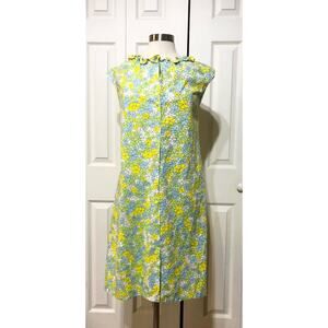 Vintage Greencraft Blue Yellow Mod Floral Button Gown Housecoat Ladies M Medium